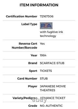 1984 Scarface Movie Premiere Japan Advance Screning Ticket Stub Tony Montana Psa