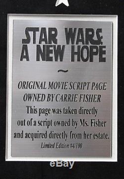 Carrie Fisher Owned Original Star Wars New Hope Script Page Framed Estate Coa #1