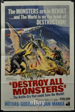 Destroy All Monsters 1968 Original 27x41 Movie Poster Godzilla Mothra Rodan