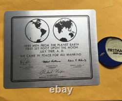 First Man movie Apollo 11 man on the moon prop plaque and film crew patch NASA