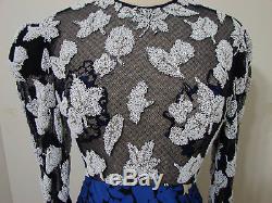 GALANOS Vintage Rare Beaded Black Mesh Floral Print Slit Gown WithTrain Back S