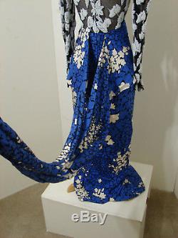 GALANOS Vintage Rare Beaded Black Mesh Floral Print Slit Gown WithTrain Back S