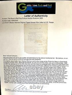 MARILYN MONROE ORIG ONE-OF-A-KIND ARTIFACT 1953 APOLOGY TO TROOPS LETTER WithLOA