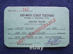 ORIGINAL 1935 FOX WEST COAST THEATRE PASS for Hollywood Columnist JIMMY STARR