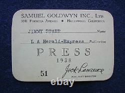 ORIGINAL 1938 SAMUEL GOLDWYN STUDIO PASS for Hollywood Columnist JIMMY STARR