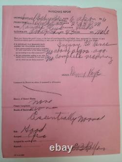 Original 1946 Physician's Report receipt for actor Danny Kaye's physical appt