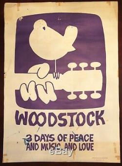Original WOODSTOCK poster (1969) purple bird on guitar + Nixon orig on backside