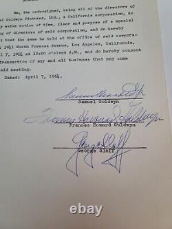 Samuel Goldwyn & George Slaff 1964 signed document, Special Meeting of Directors