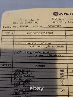 The Goonies Production Call Sheet